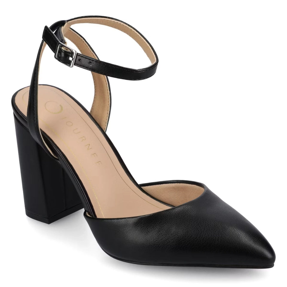 Black high-heeled shoe with a slingback design on a white background