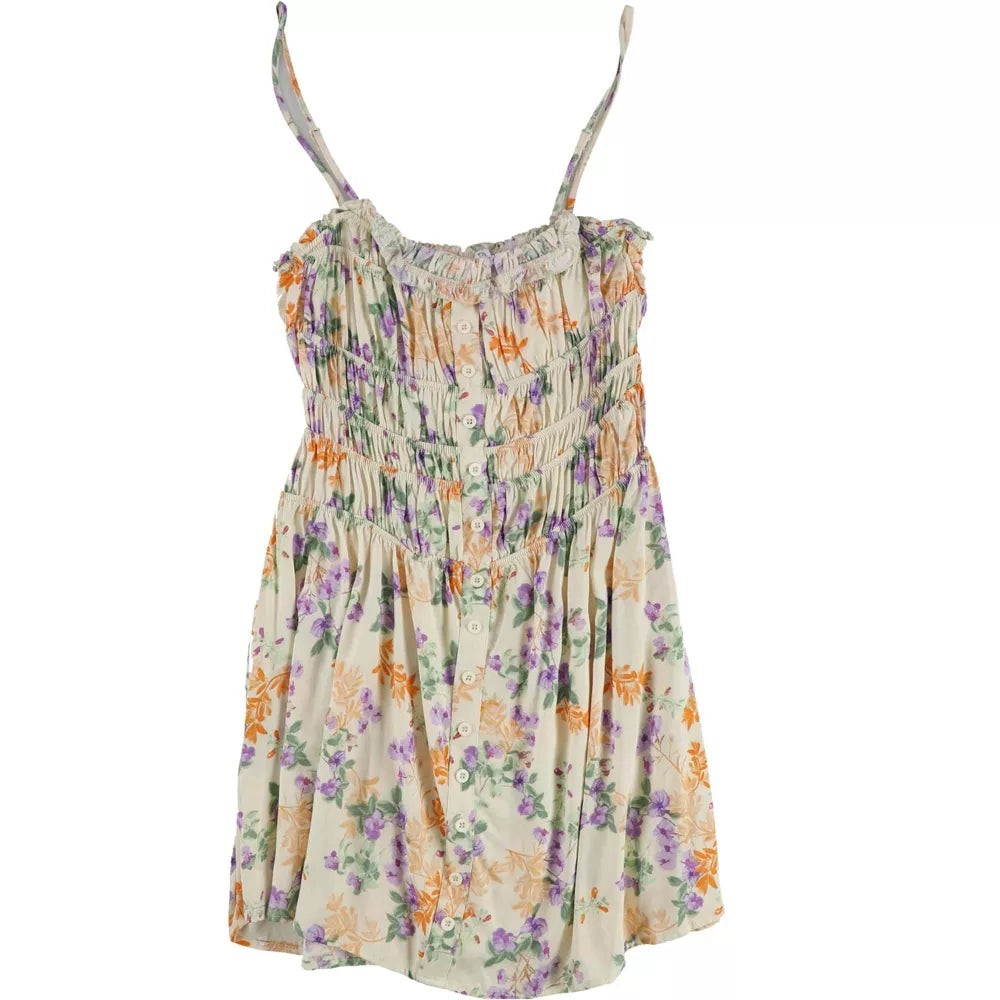 Hippie Rose Women's Bone Floral Smocked Button-Front Dress | Hippie Rose In Lebanon