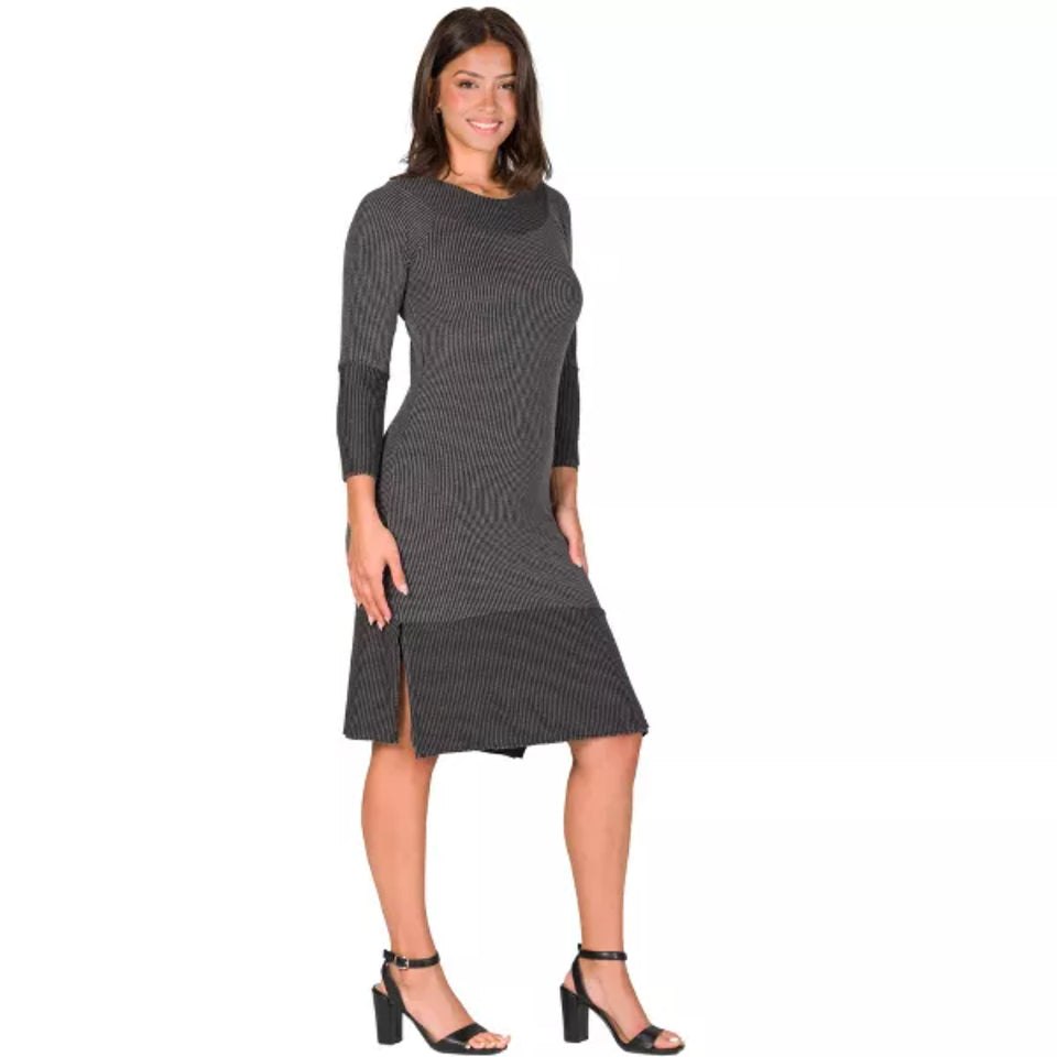 24 Seven Women's Dark GreyRound Neck Ribbed Knit Long Sleeve Split Hem Knee Length Sweater Dress