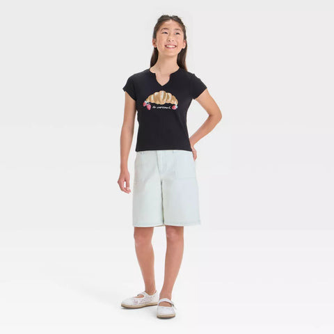 Art Class Girl's Black Short Sleeve Notched Neck Croissant Graphic T-Shirt|Art Class In Lebanon