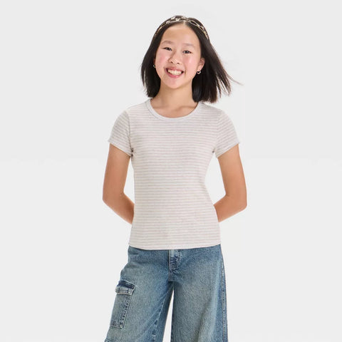 Art Class Girl's Khaki Short Sleeve Crew Neck Striped Baby T-Shirt | Art Class In Lebanon