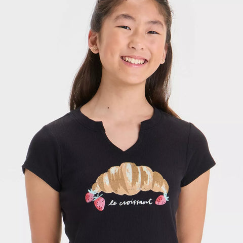 Art Class Girl's Black Short Sleeve Notched Neck Croissant Graphic T-Shirt|Art Class In Lebanon