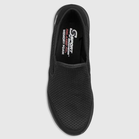 Black slip-on shoe with 'Georgia Sport' branding on a light gray background