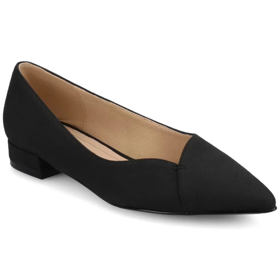 Black pointed-toe shoe on a white background