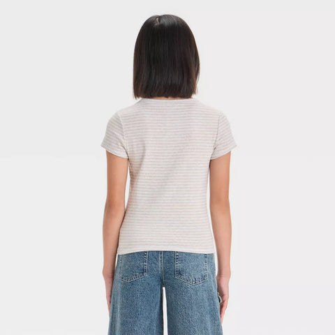 Art Class Girl's Khaki Short Sleeve Crew Neck Striped Baby T-Shirt | Art Class In Lebanon