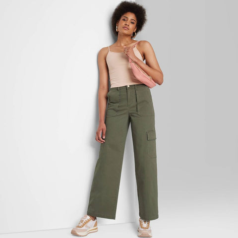 Wild Fable Women's Khaki Green High Rise Straight Leg Cargo Pant |Wild Fable In Lebanon