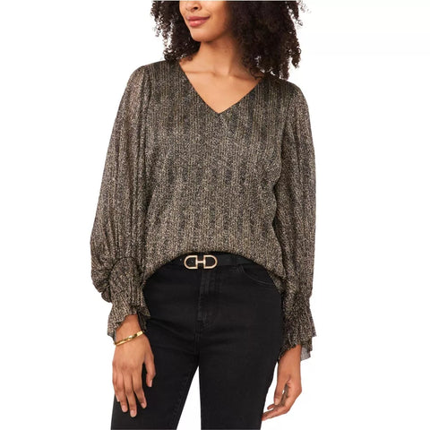 Vince Camuto Women's Gold V-Neck Long-Sleeve Smocked-Cuff Blouse|Vince Camuto In Lebanon
