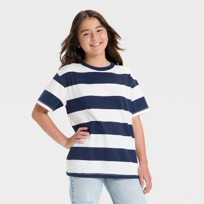 Art Class Girl's White & Navy Short Sleeve Rugby Striped T-Shirt |Art Class In Lebanon
