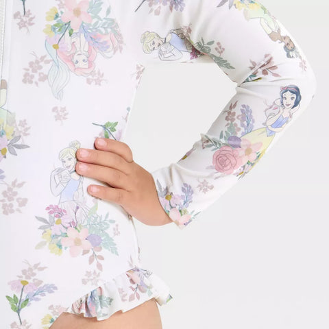 Disney Girl's White Princess Long Sleeve Floral Half Zip One Piece Rash Guard Swimsuit | Disney In Lebanon