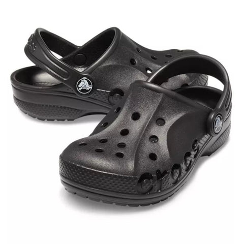Black clogs with a brand logo on a white background