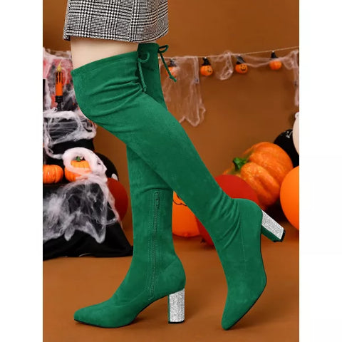 Allegra K Women's Green Chunky Heels Rhinestone Over the Knee High Boots |Allegra K In Lebanon