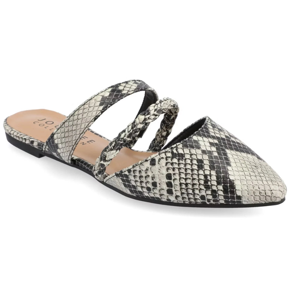 A single women's flat mule sandal with a pointed toe, featuring a black, gray, and beige snakeskin pattern. It has two thin straps across the top and a low black flat sole, shown on a white background.