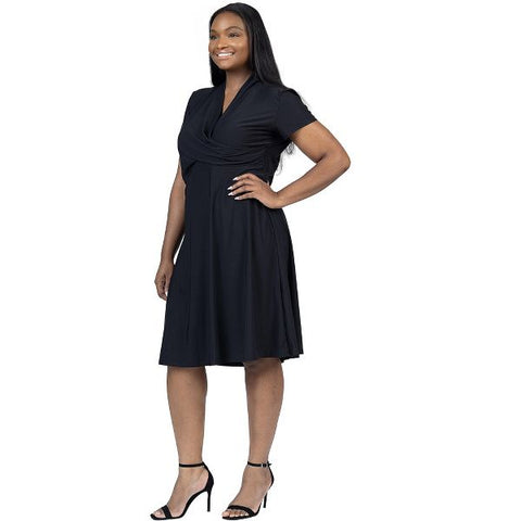 24 Seven  Women's Black Plus Size Short Sleeve Knee Length V Neck Rouched Wrap Dress  |24 Seven in Lebanon
