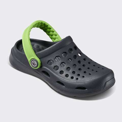 Black clog shoe with green handle on a white background
