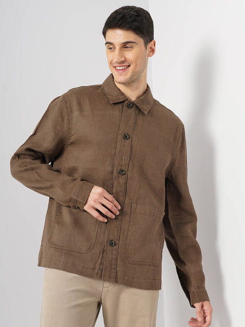 Celio Men's Brown Solid Regular Fit Linen Overshirt |Celio  in Lebanon