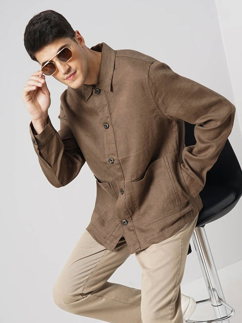 Celio Men's Brown Solid Regular Fit Linen Overshirt |Celio  in Lebanon