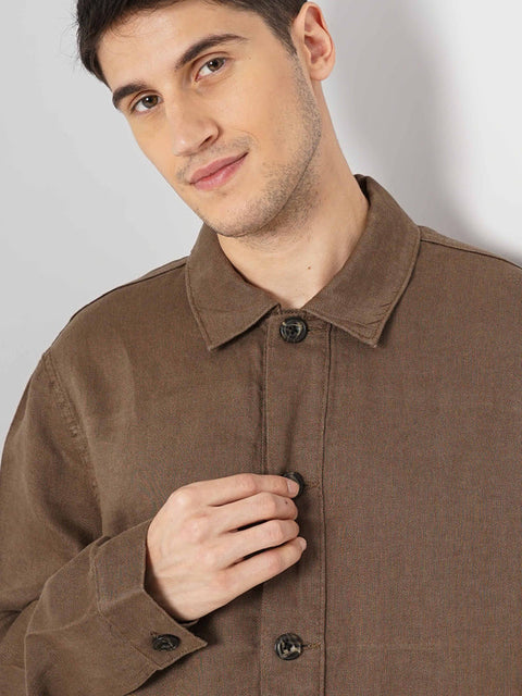 Celio Men's Brown Solid Regular Fit Linen Overshirt |Celio  in Lebanon