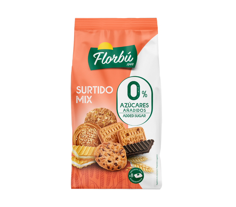Packaging of Florbu Surtido Mix, a product that includes various baking mixes for cookies and wafers, with no added sugar and added sweeteners, in a white and orange bag with images of the baked goods.