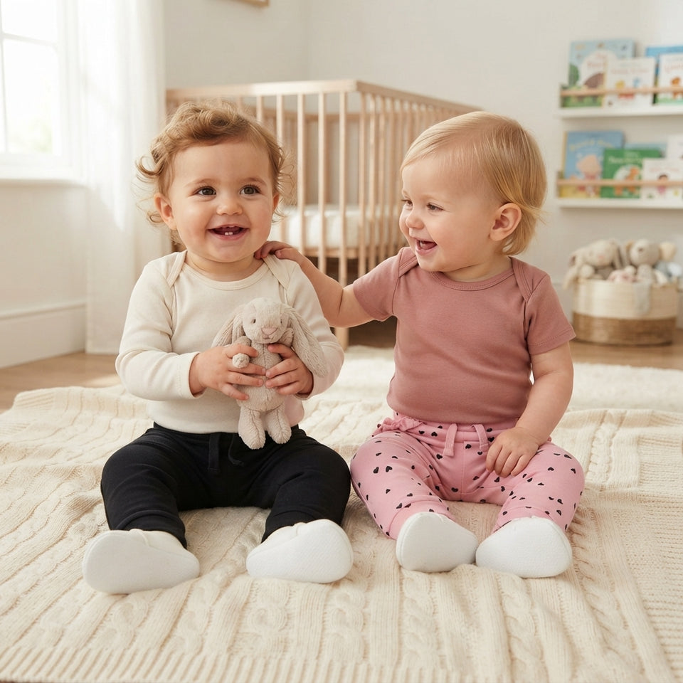 Two toddlers sitting on a cream knit blanket in a bright nursery. The child on the left wears a cream long-sleeve top and black pants, holding a light gray stuffed bunny.