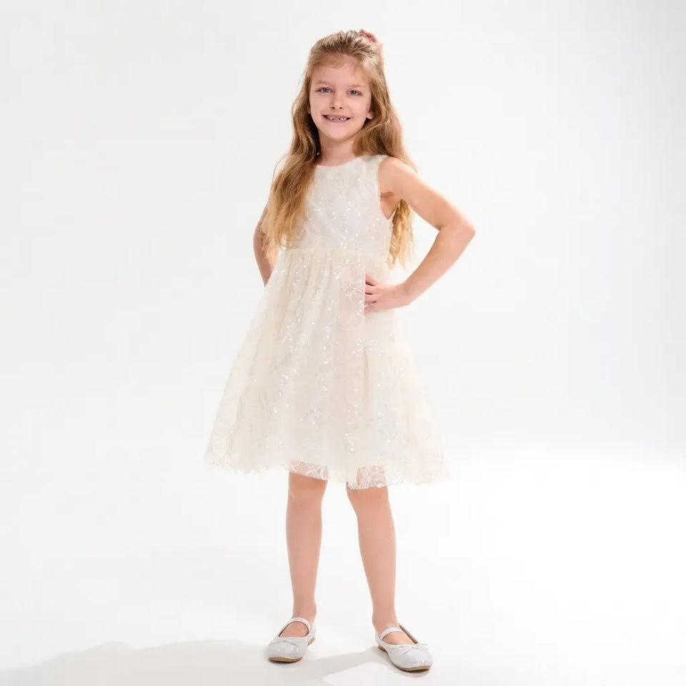 Sinsay Girl's Cream Festive Shimmer Embroidered Sleeveless Skater Dress