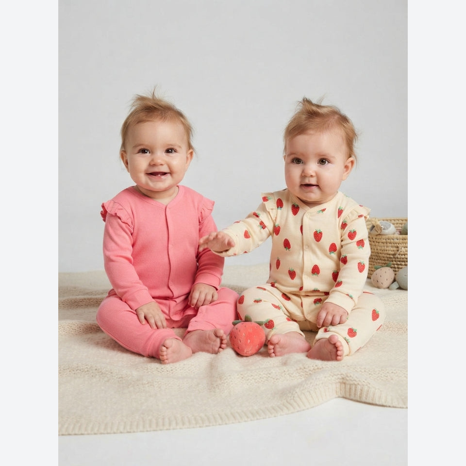 Sinsay Baby Girl's Pink & Cream Strawberry Print Long-Sleeve 2-Pack Overall