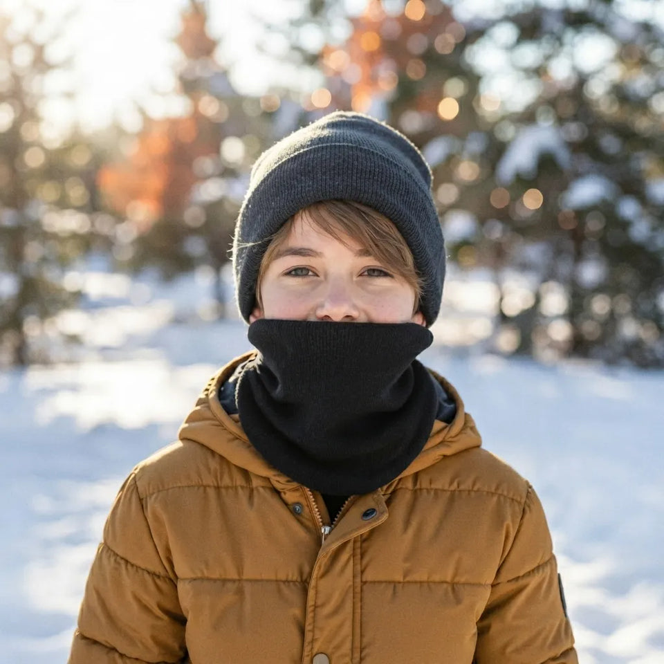 A person outdoors in a snowy setting wearing a dark gray knit beanie, a black neck gaiter, and a brown puffer jacket.