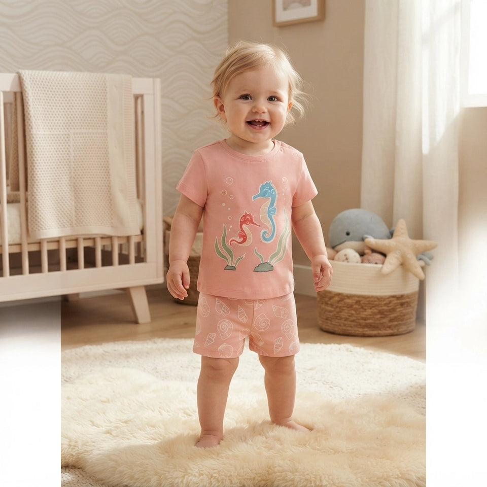 Sinsay Baby Girl's Pink Short-Sleeve Seahorse T-Shirt and Seashell Print Shorts Pajama Set