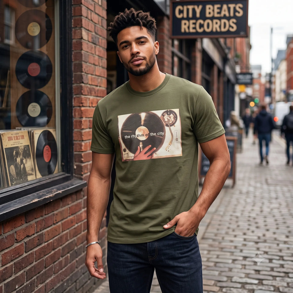 A man wearing an olive green graphic t-shirt with a vinyl record design, standing on a cobblestone street in front of a brick building with a 'City Beats Records' sign.