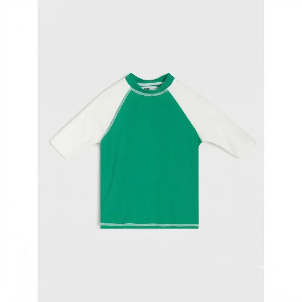 A children's short-sleeve raglan t-shirt with a bright green body and white sleeves, laid flat against a light gray background.