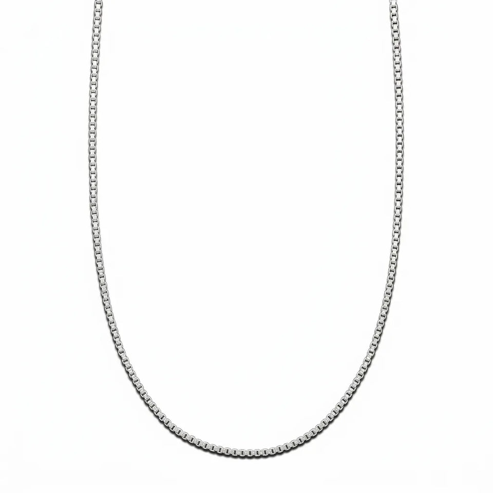 A silver-toned box chain necklace displayed in a U-shape against a plain white background.