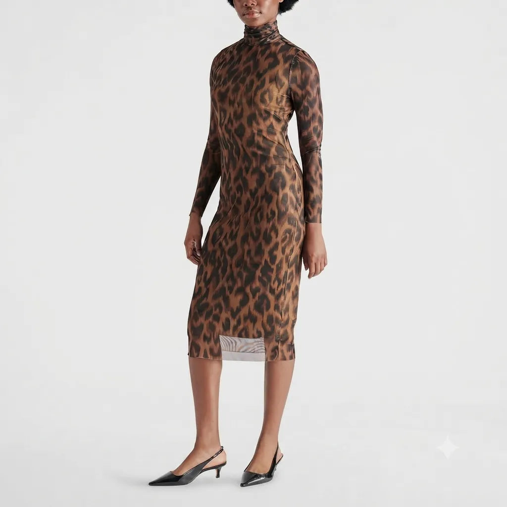 A model wearing a long-sleeve, high-neck leopard-print midi dress with a sheer mesh hem, paired with black slingback heels, against a plain light gray studio background.