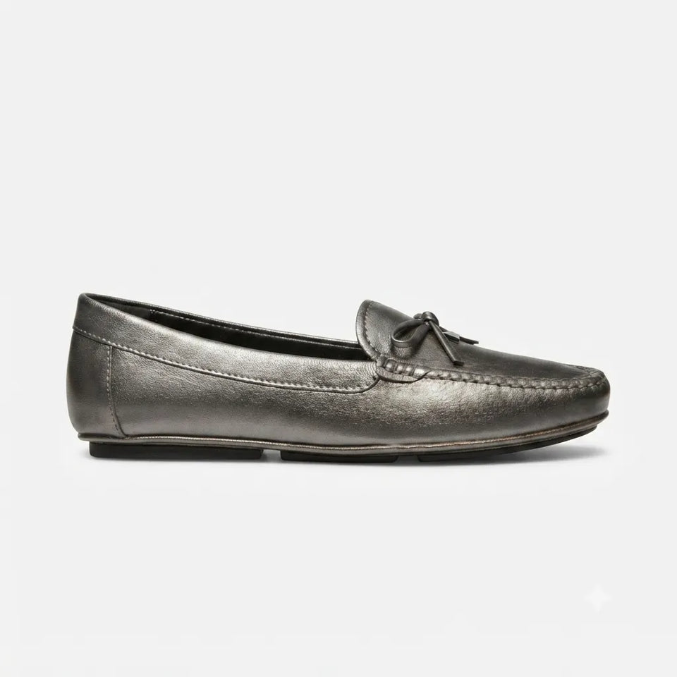 A single metallic gray leather loafer with a small bow detail on the vamp, shown in a side profile against a light gray background.