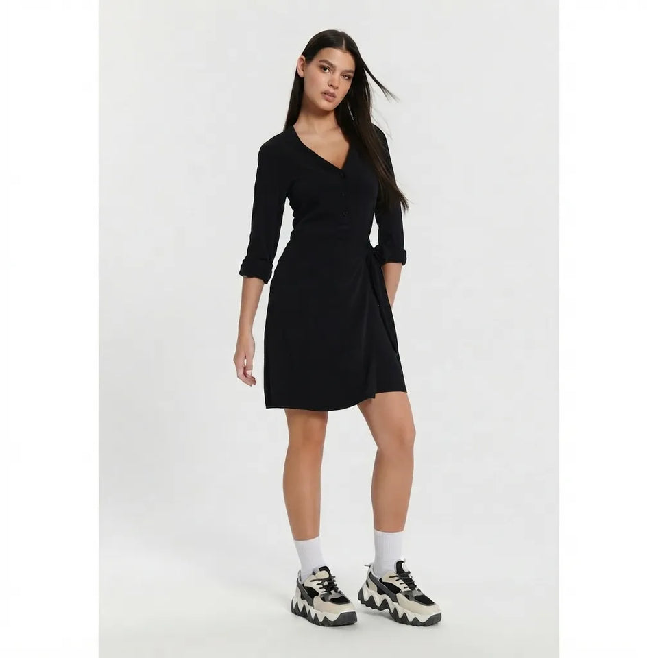 Sinsay Women's Black Sophisticated Long-Sleeve Side-Knot Mini Shirt Dress