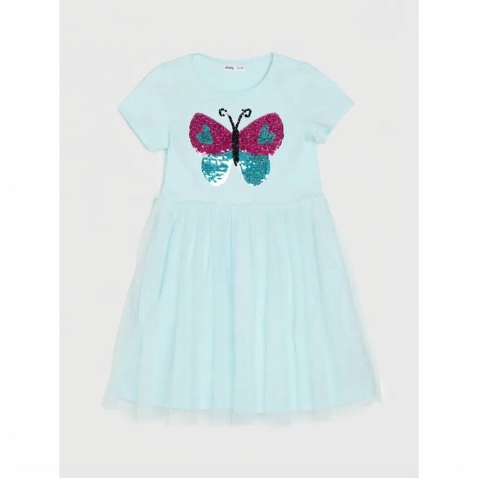 A light blue short-sleeve tulle dress for kids, featuring a sequined butterfly design on the chest with pink, teal, and silver sequins.
