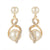 A pair of gold and pearl drop earrings with a large cream pearl, a smaller pearl at the top, and a gold infinity-shaped frame accented with clear rhinestones, shown on a plain white background.