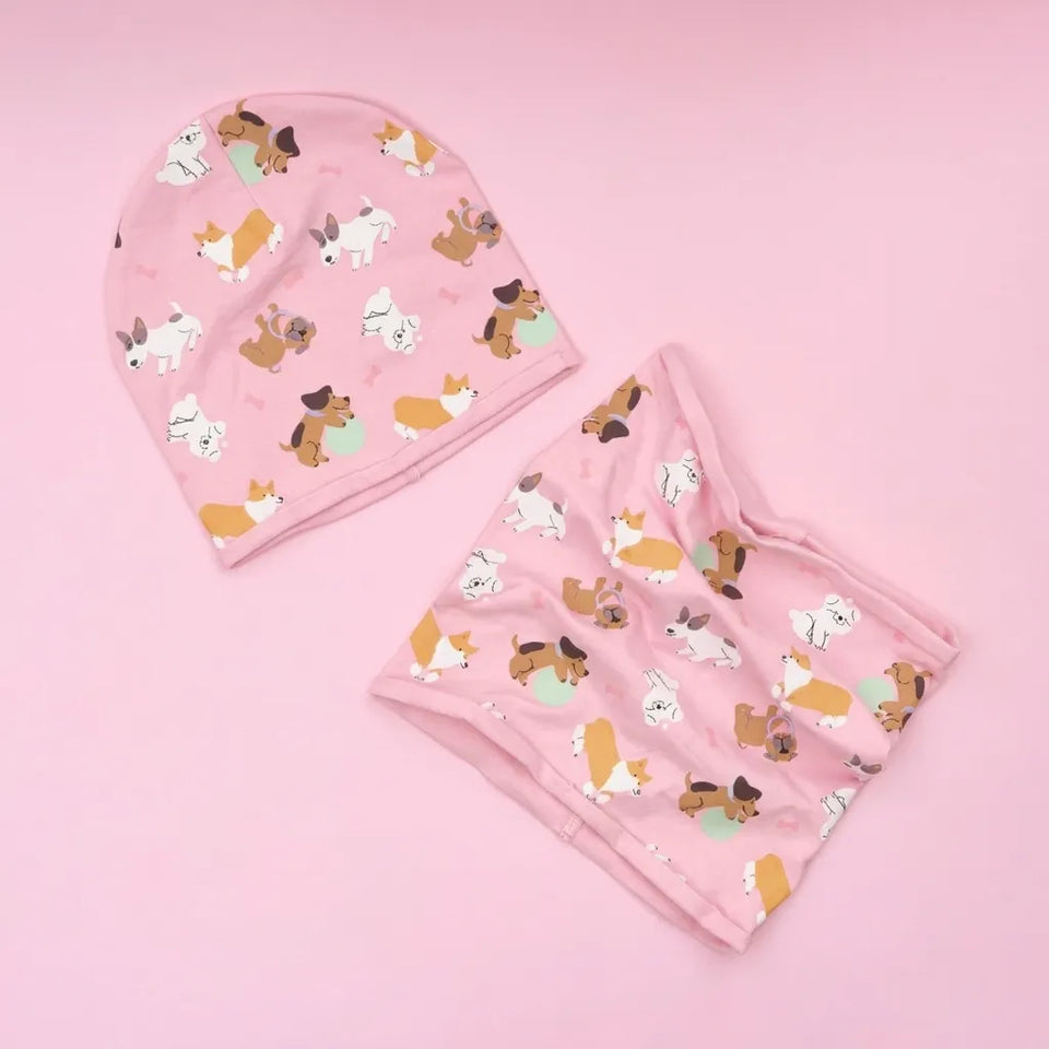 Sinsay Girl's Light Pink All-Over Puppy Print Hat & Scarf Set