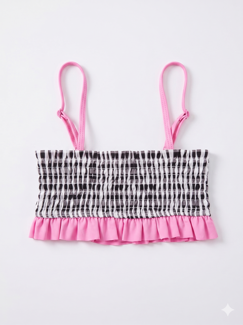 Charanga Girls Black and White Gingham Smocked Bikini Top with Pink Ruffled Trim | Charanga in Lebanon