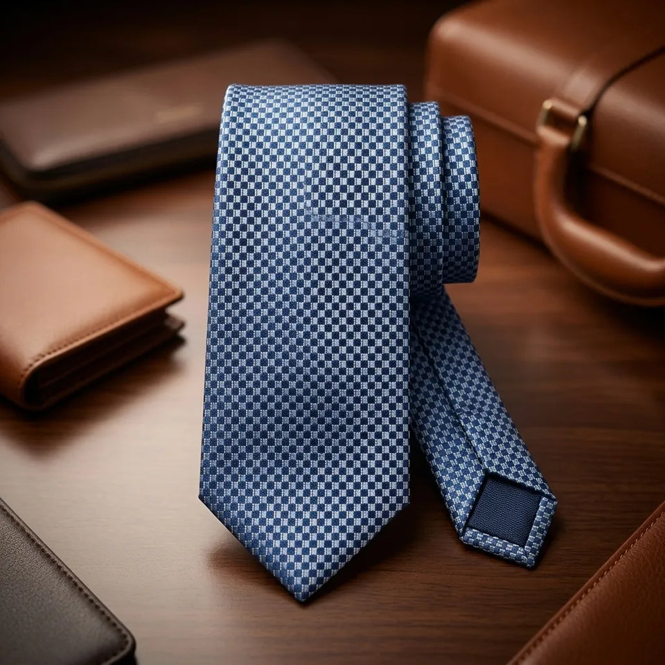 A blue and white checkered necktie displayed on a dark wooden desk alongside brown leather accessories, including a wallet, briefcase, and watch.