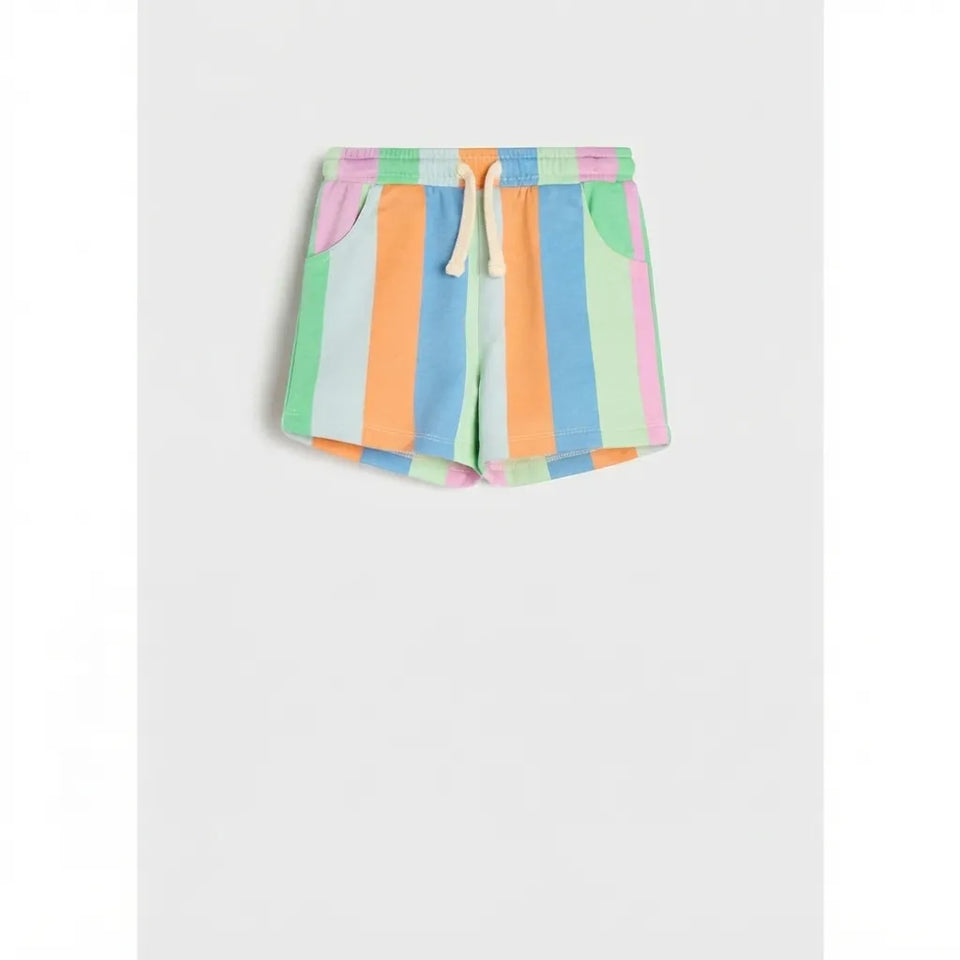 A pair of pastel striped shorts with vertical bands of pink, green, orange, blue, and light purple, featuring a white drawstring waist, shown against a light gray background.