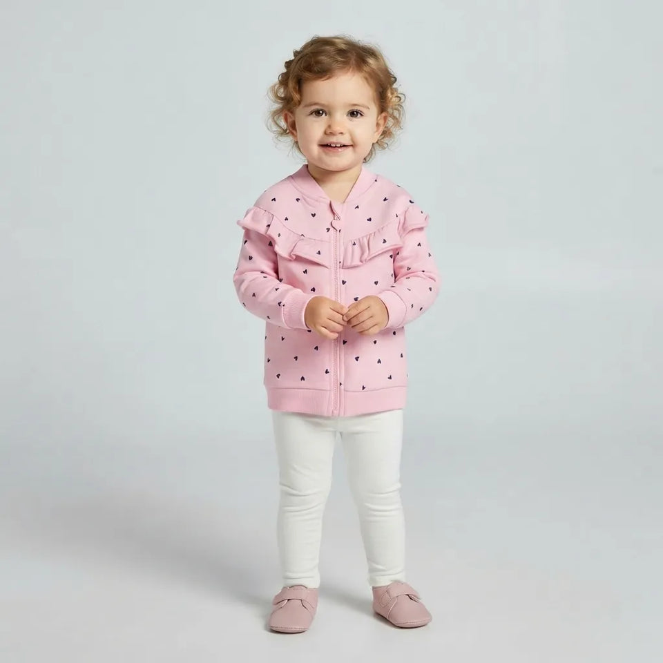 Sinsay Girl's Pink All-Over Heart Printed & Ruffled Chest Jacket