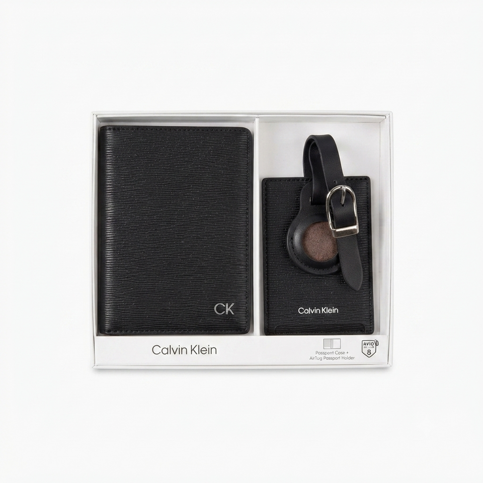 Calvin Klein Men's Black Leather Passport Wallet with Airtag Holder Luggage Tag 2-Piece Set