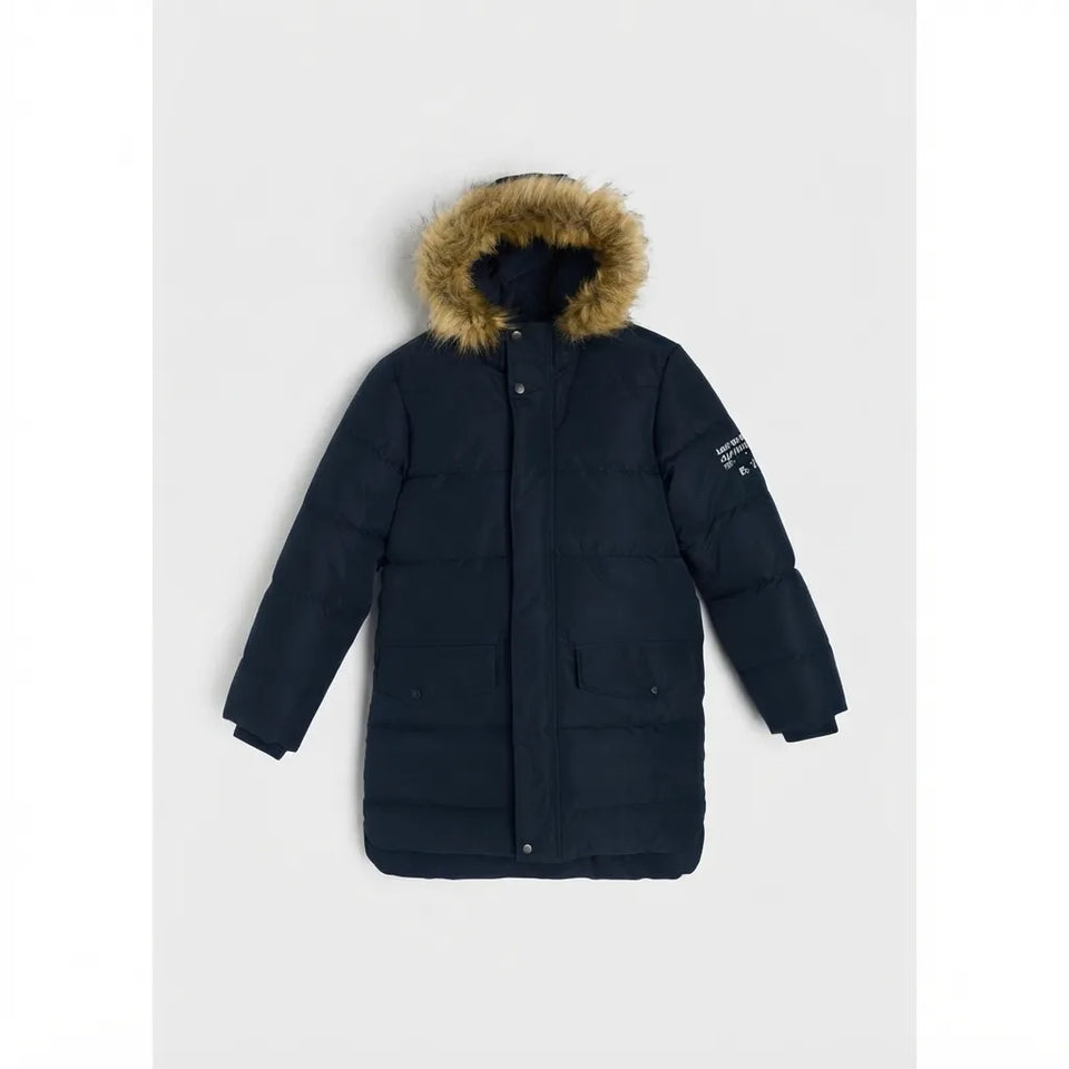 Sinsay Boy's Navy Blue Faux Fur Hooded Puffer Jacket