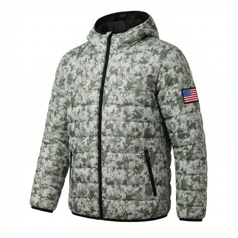 Camouflage jacket with American flag patch on a white background