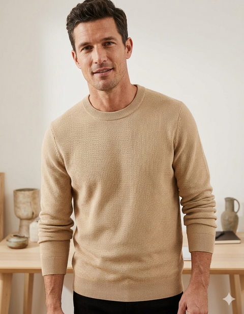 Celio Men's Beige Textured Knit Crewneck Sweater|Celio In Lebanon