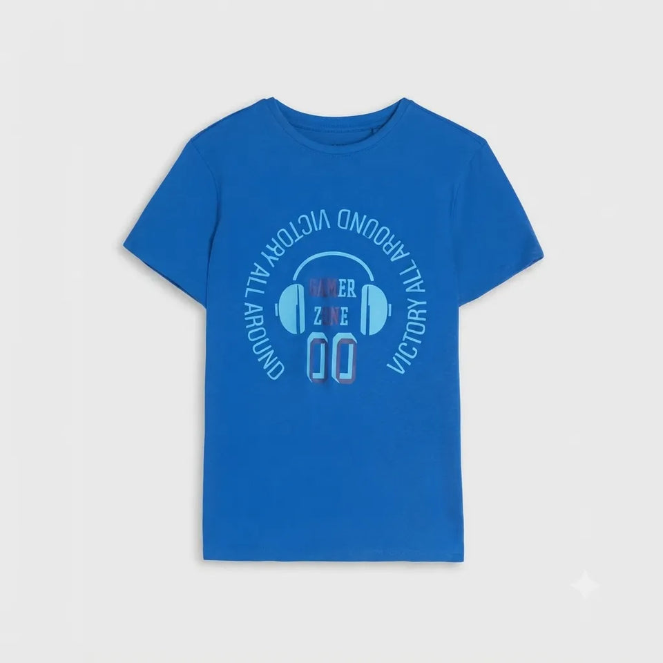 A bright blue short-sleeve kids' t-shirt with a graphic on the front featuring headphones, the text 'POWER ZONE 00', and 'ALL AROUND VICTORY ZONE' printed in light blue and white.