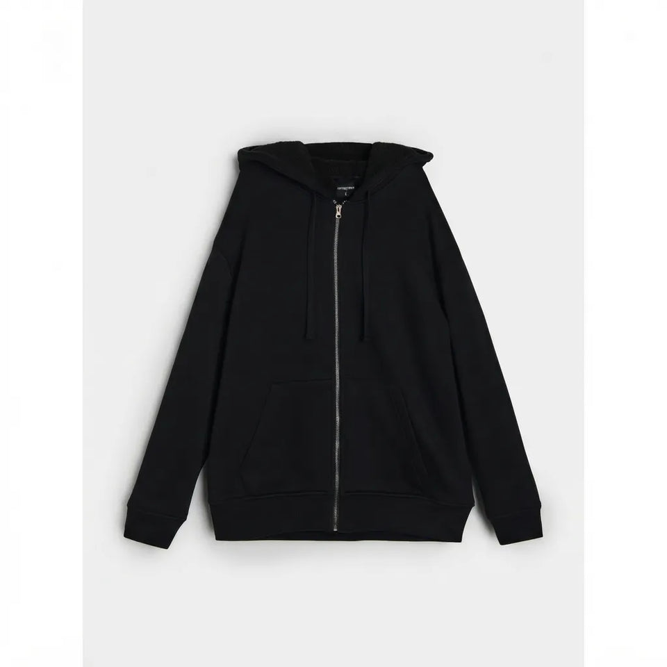 A black zip-up hoodie with a drawstring hood and kangaroo pocket, displayed flat against a light gray background.