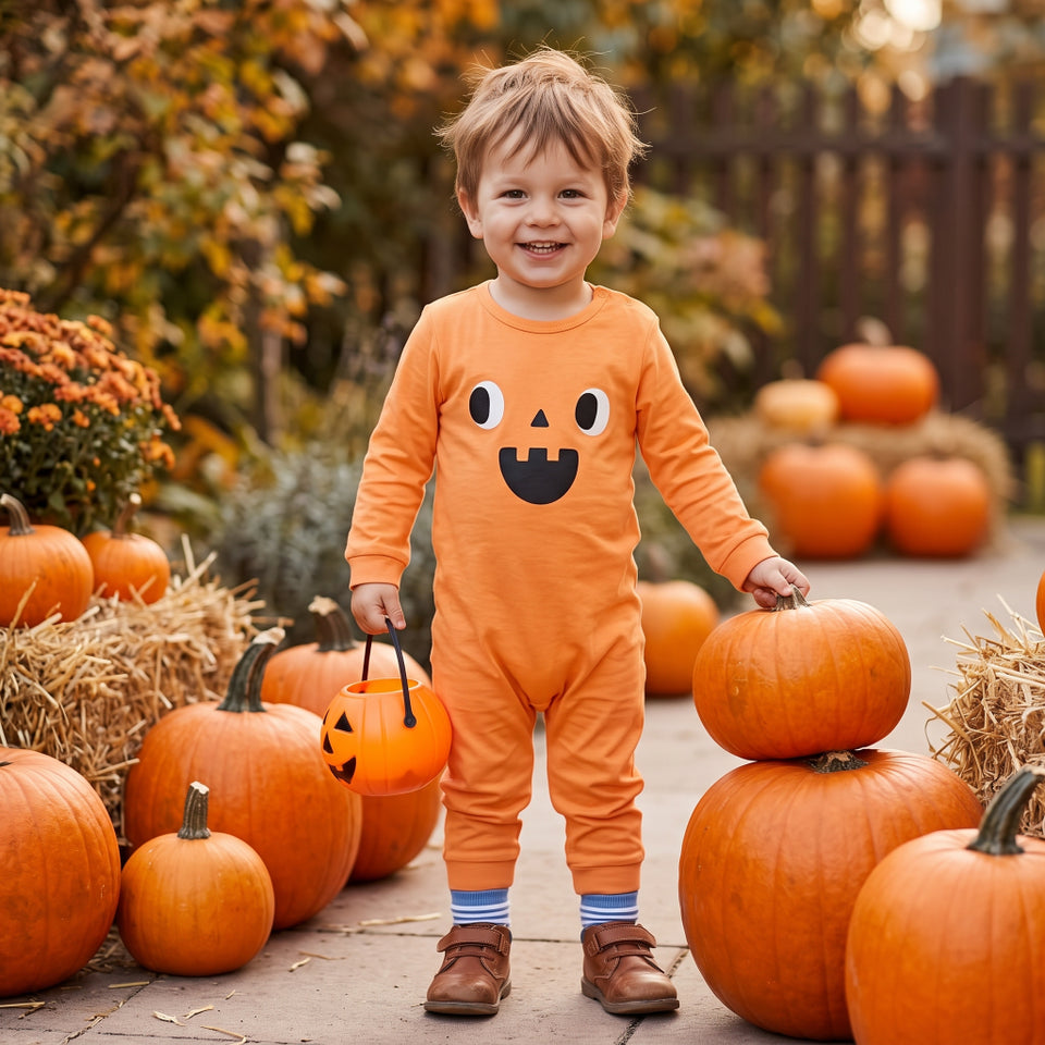 A toddler wearing an orange long-sleeve pajama set with a jack-o'-lantern face graphic stands in a pumpkin patch holding a small orange bucket. The background features pumpkins, hay bales, autumn foliage, and a wooden fence.