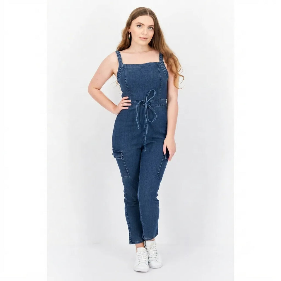 Tinseltown Women's Dark Blue Square Neck Sleeveless Washed Denim Overall