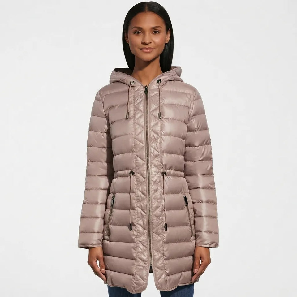 Kenneth Cole New York Women's Tan Quilted Hooded Long Puffer Jacket