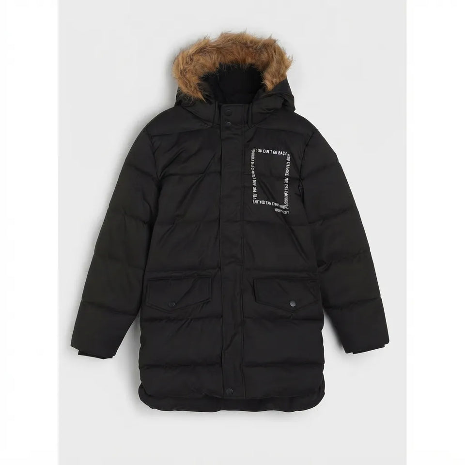 A black puffer jacket with a brown faux-fur trimmed hood, featuring a white graphic print on the left chest, displayed against a light gray background.